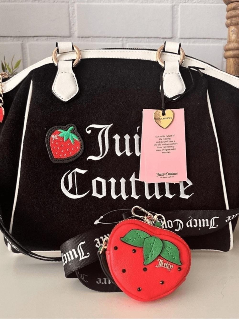 Juicy Couture Black & White Satchel with Red Strawberry Charm